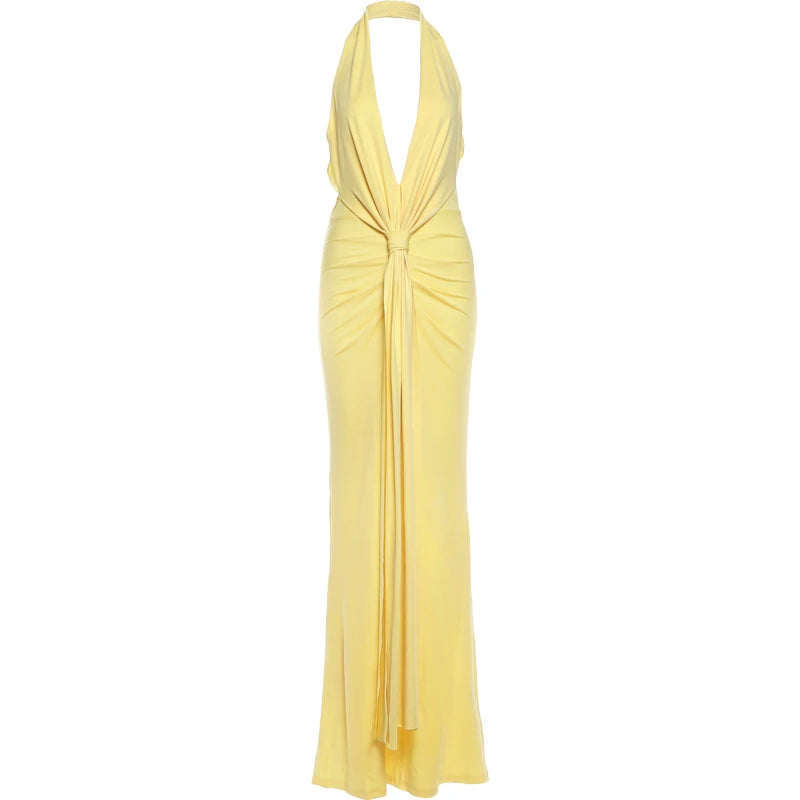 Satin Maxi Dress with V-Neck, Pleats, and Open Back - Shannon