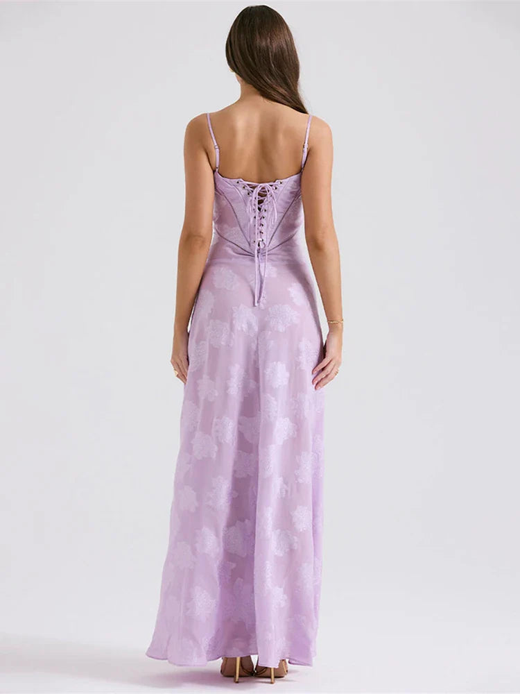 Maxi Dress with Floral Embroidery, Back Tie for Waist Fit - Millie