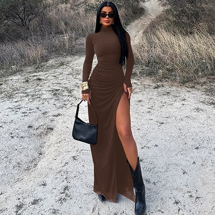 Maxi Dress with Ruching, Turtleneck, and Deep Slit - Sasha