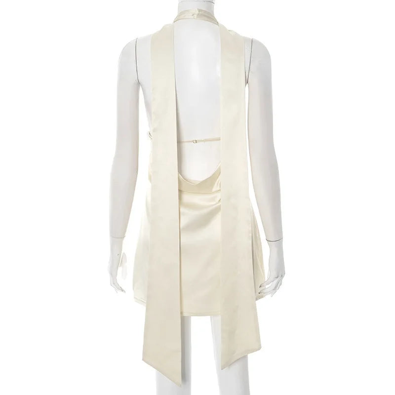 Satin mini dress with V neckline decorated with matching scarf - Karina