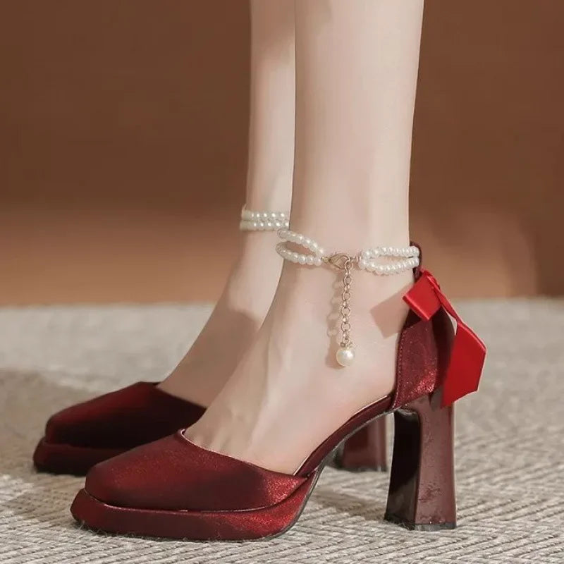 Velvet High Heels with Pearl and Bow Decoration - Vita
