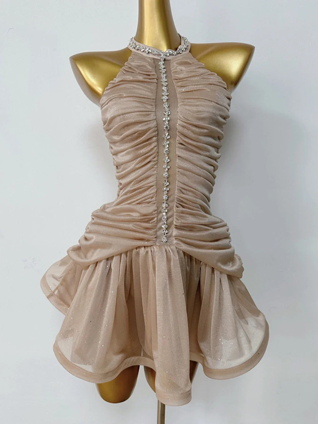 Chiffon Pleated Ruffled Mini Dress with Diamond and Sequin Decoration - Yava