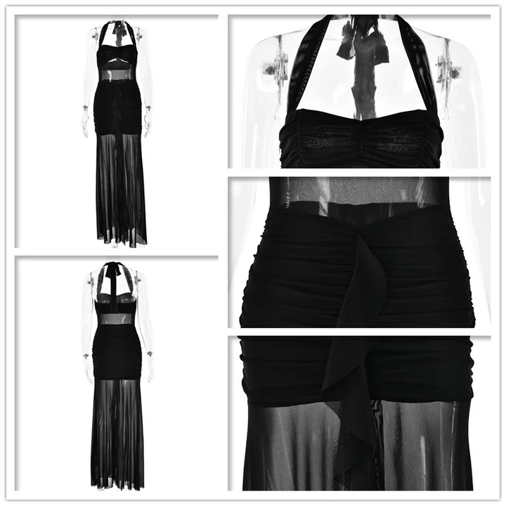 Maxi Chiffon Dress with Ruching Detail and Neck Tie Ruffle - Shelly