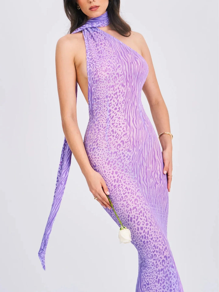 Leopard Print Mesh Maxi Dress with Open Back and Neck Tie - Jessica