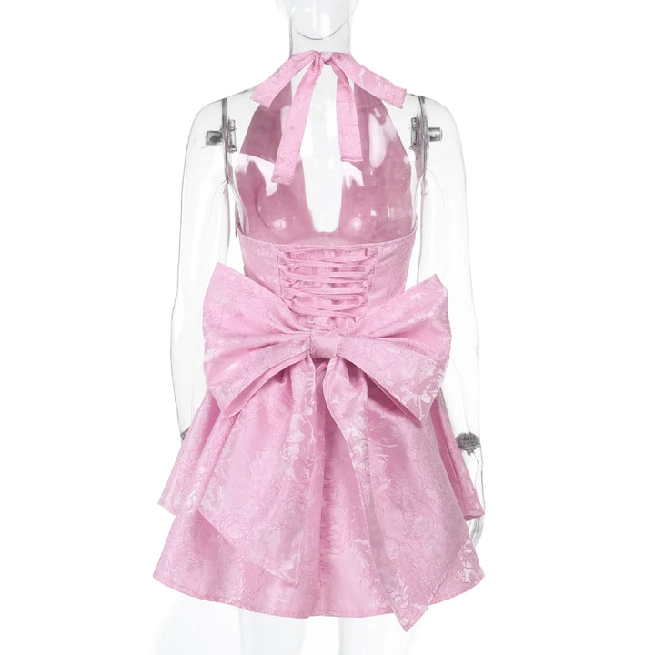 A-line mini dress with floral embroidery, bow detail on the back, tie-back design for waist fit and neck tie - Pearl