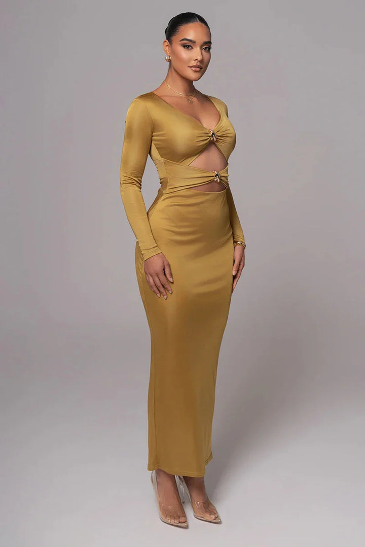 Fitted Shaping Fabric Maxi Dress with Cutouts and Buckles - Lauren