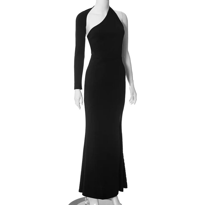Asymmetric maxi evening dress with deep slit and one sleeve - Eva