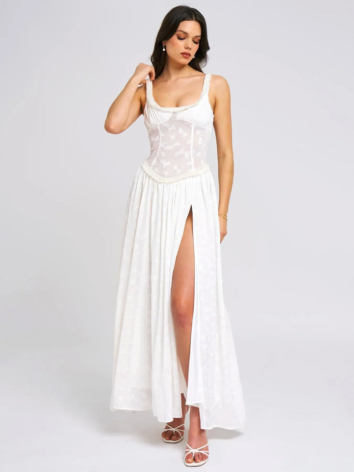 Chiffon Maxi Dress with Floral Embroidery, A-Line Cut, and Slit Design - Alejandra
