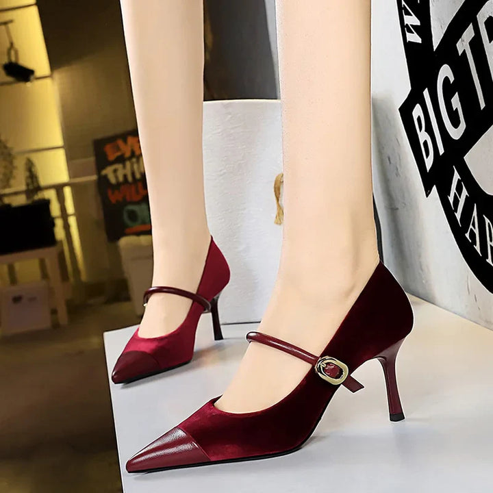 Pointed Heel Shoes with Velvet and Faux Leather Buckle Decoration - Mabel