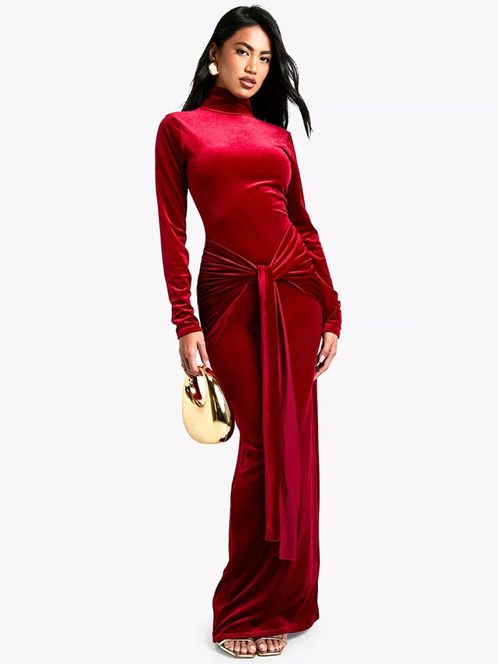 Velvet maxi dress with turtleneck and tie design - Karina