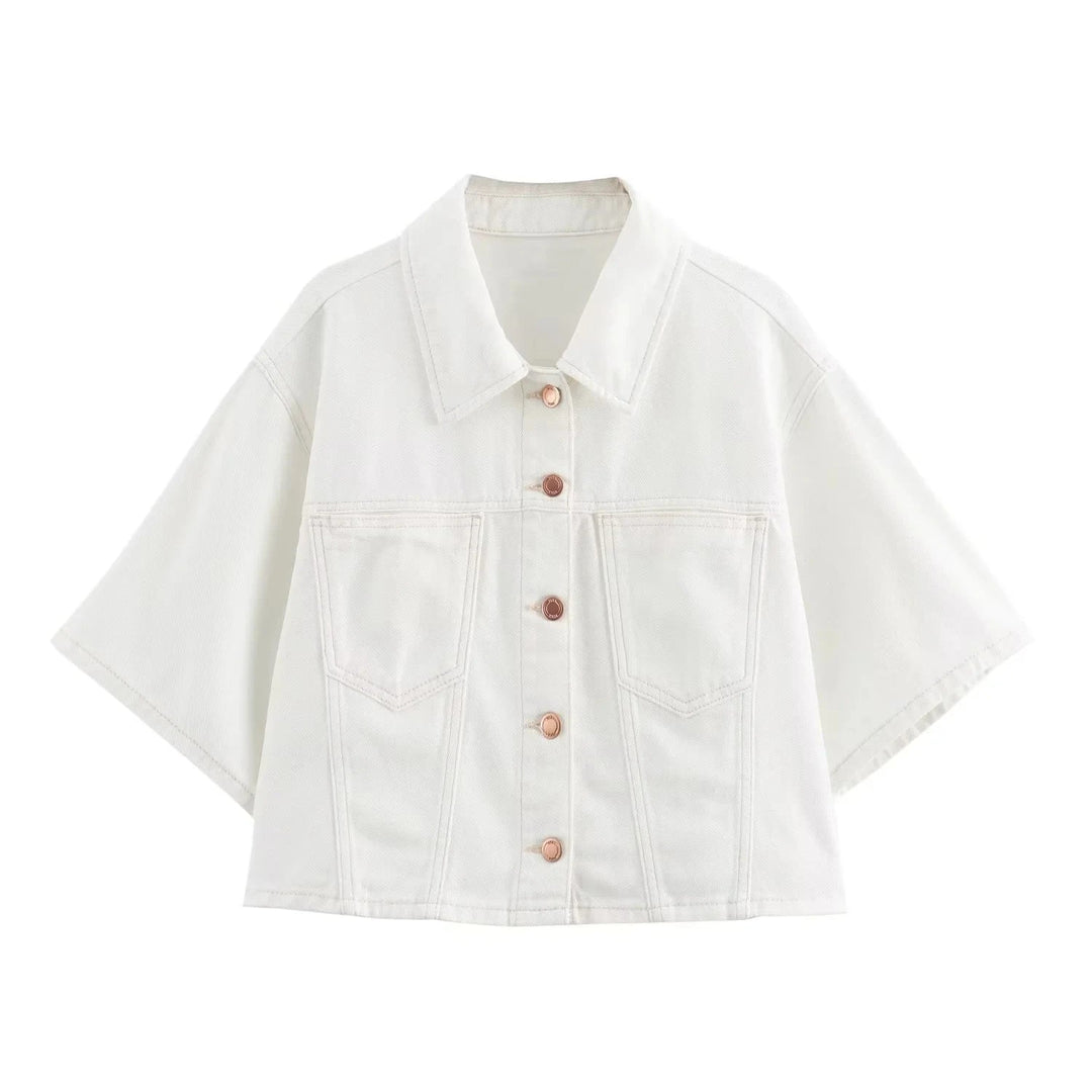 Two-Piece White Denim Set with Mini Skirt Pants and Buttoned Polo Collar Blazer - Genesis