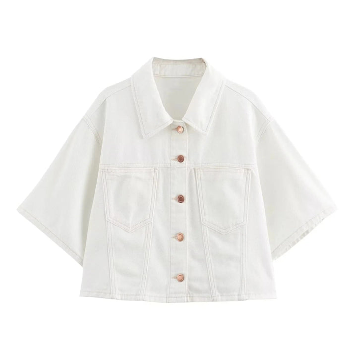 Two-Piece White Denim Set with Mini Skirt Pants and Buttoned Polo Collar Blazer - Genesis
