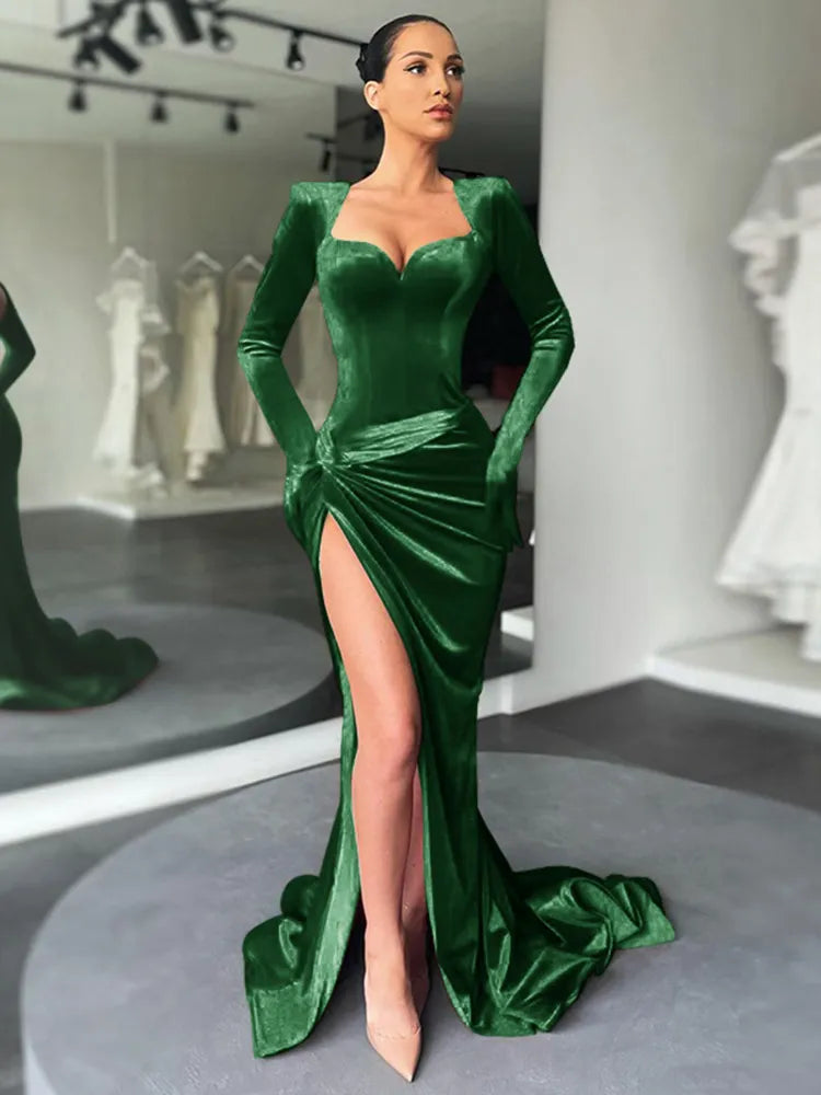 Velvet Evening Dress with Deep Slit and Corset Design - Tatiana