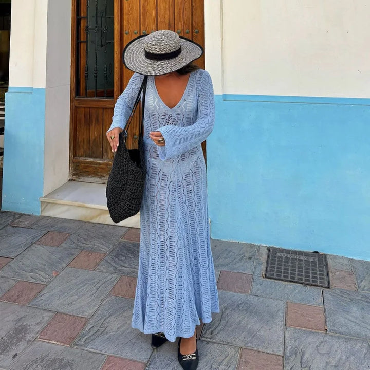 Knitted Maxi Beach Dress with Flower Decoration - Beatrice