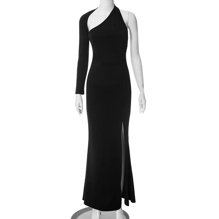 Asymmetric maxi evening dress with deep slit and one sleeve - Eva