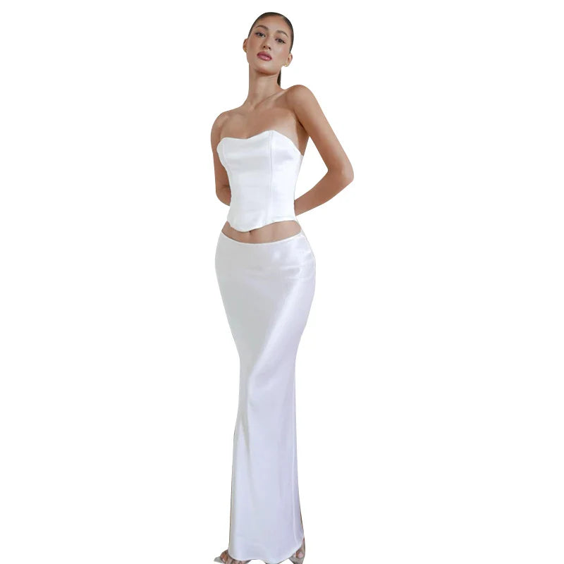 Two-Piece Satin Set with Strapless Top and Maxi Skirt - Siana