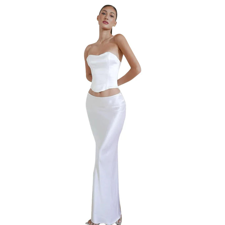 Two-Piece Satin Set with Strapless Top and Maxi Skirt - Siana