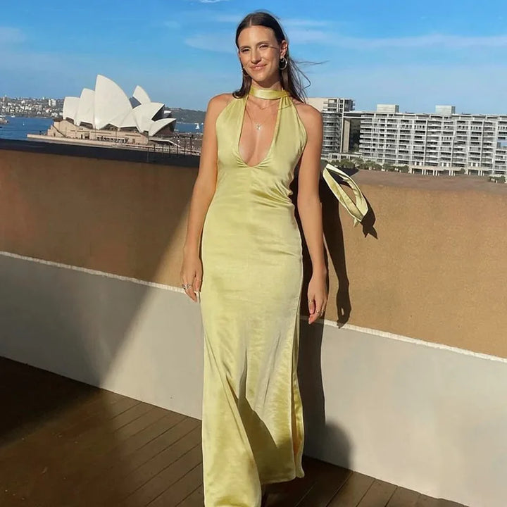 Satin Dress with Deep Neckline and Neck Tie - Paulina