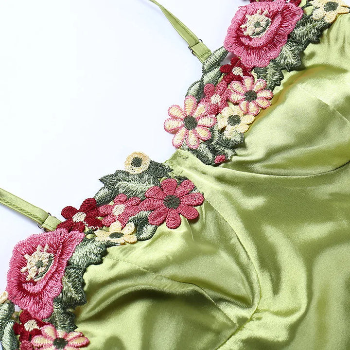 Satin Mini Dress with Floral Decoration - Sarin