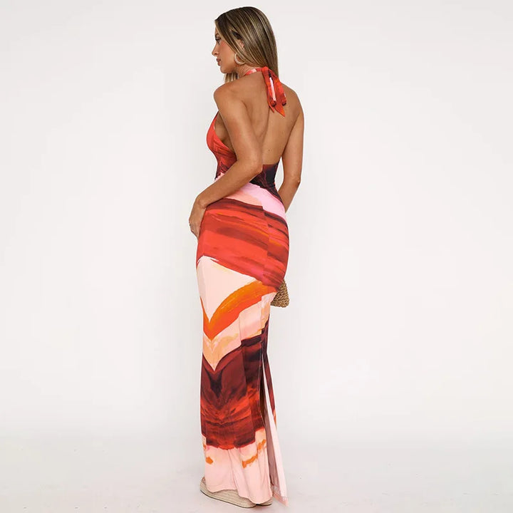 Maxi Dress with Colorful Print, Neck Tie, and Open Back - Chulia