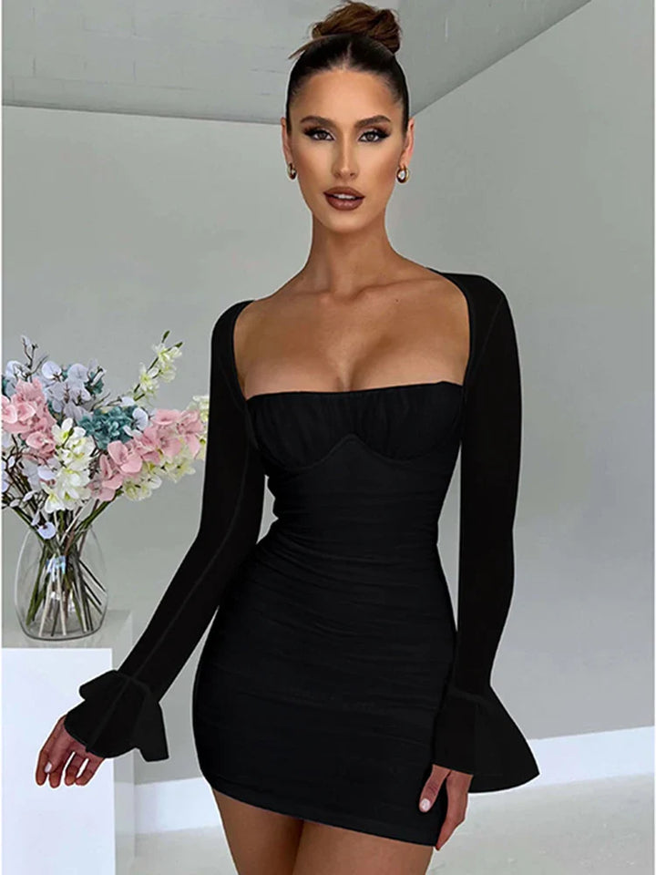 Ruched mini dress with open back and mesh sleeves - Ariana