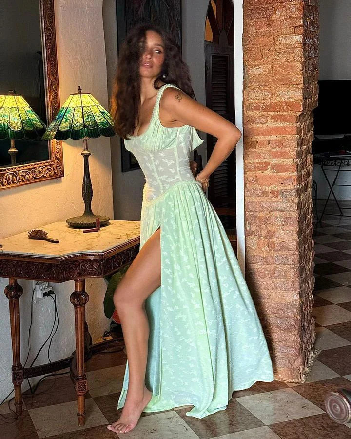 Chiffon Maxi Dress with Floral Embroidery, A-Line Cut, and Slit Design - Alejandra