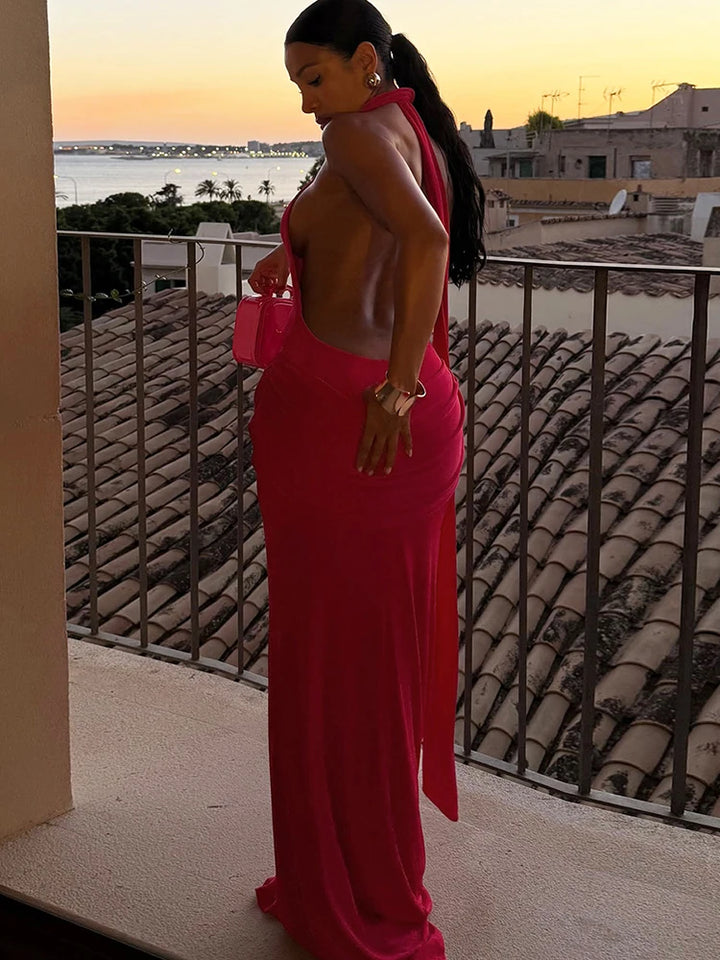 Velvet Collar Maxi Dress with Open Back and Pleats - Ciara