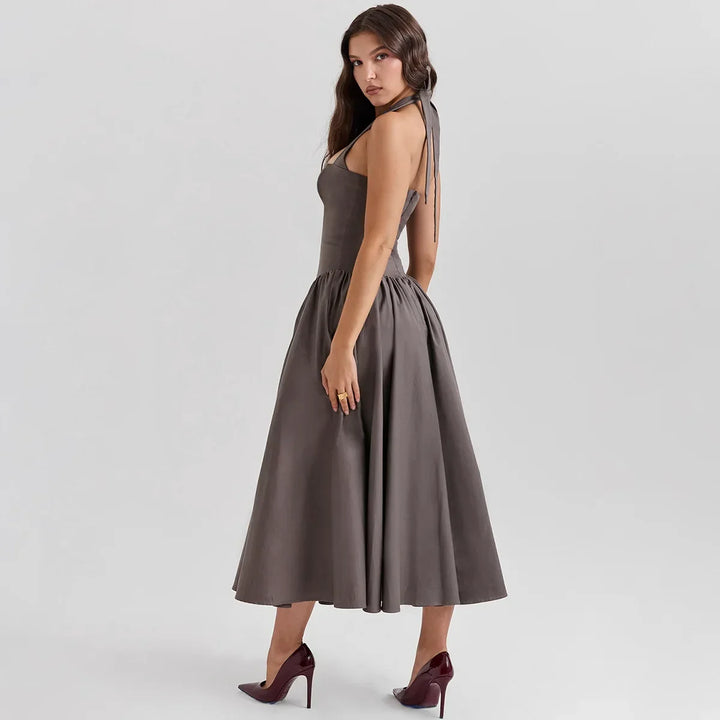 Midi A-Line Dress with Corset Design, Neck Tie - Tanya