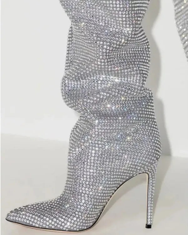 High Pointed Heel Boots with Sparkling Rhinestone Design - Josie