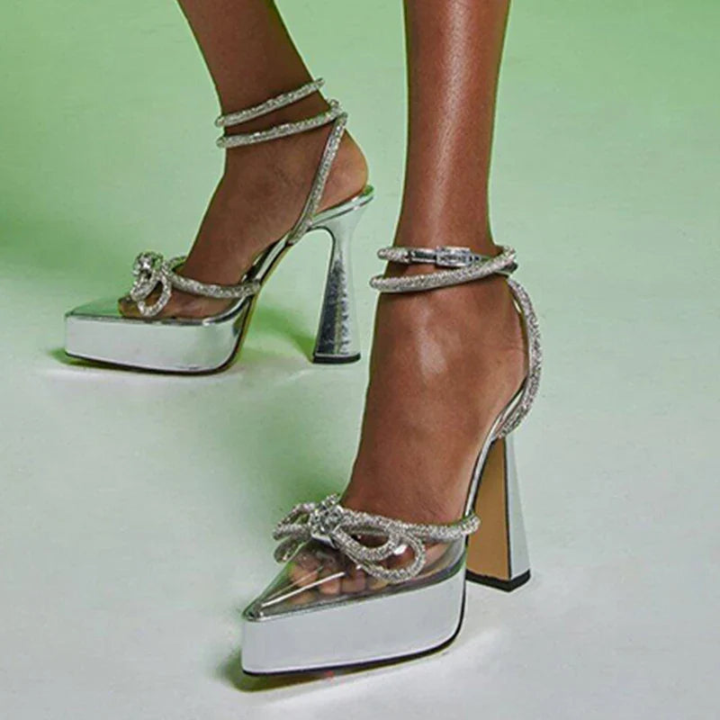 Faux Leather Pointed Heel Shoes with Sparkling Bow Decoration - Valentina