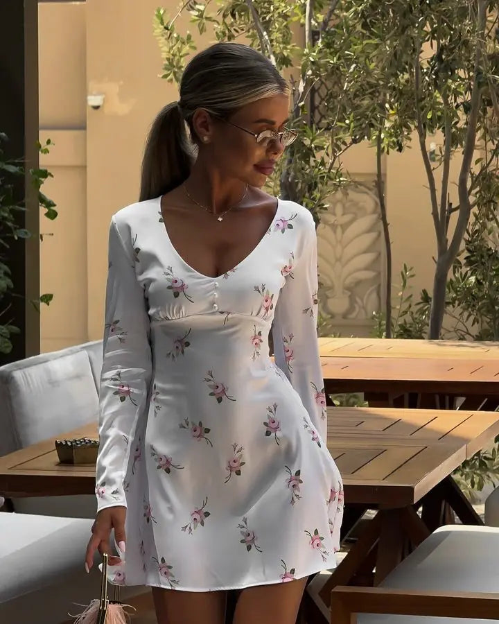 Satin Mini Dress with A-Line Cut and Floral Print Decoration - Ariya