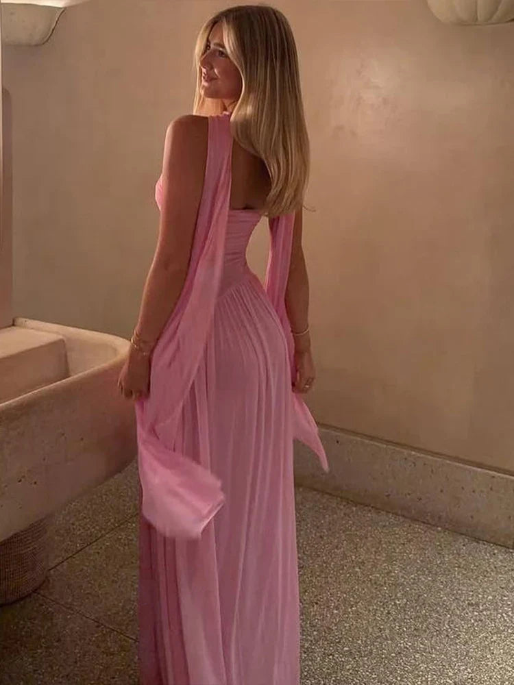 Strapless chiffon maxi dress with ruching and matching scarf decoration - Mia