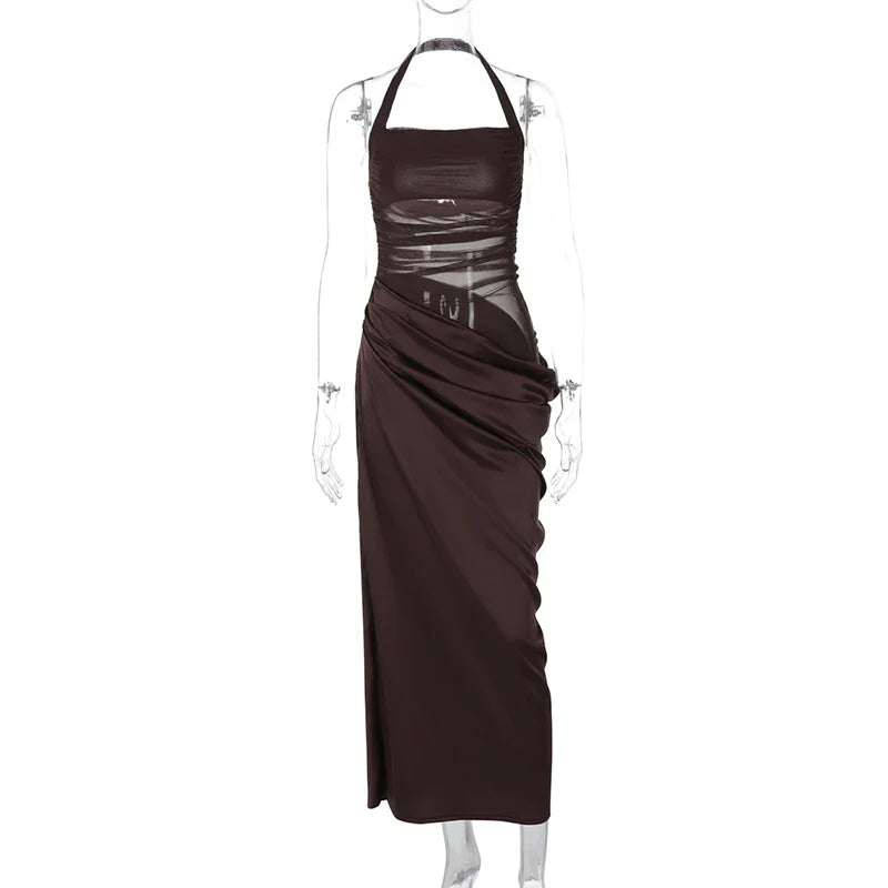 Satin Maxi Dress with Gathered Mesh Top and Open Back - Arya