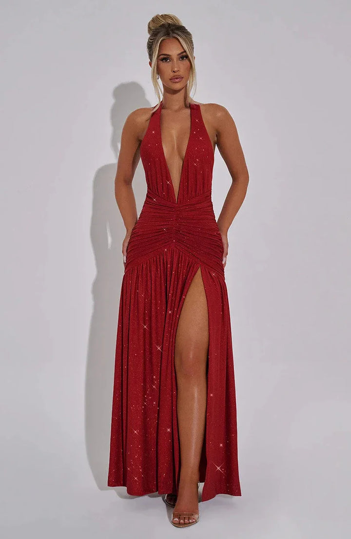 Glitter Maxi Dress with Slit, Deep V-Neck, Open Back, and Neck Tie - Emery