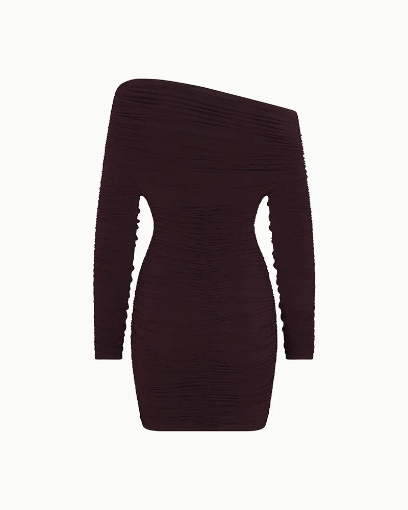 Mini dress with ruching and one off-shoulder sleeve - Sapir