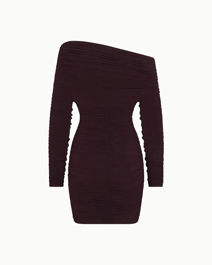 Mini dress with ruching and one off-shoulder sleeve - Sapir