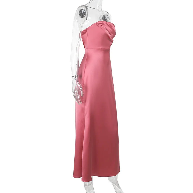 Maxi Strapless Satin Dress with Pleated Design - Rosa