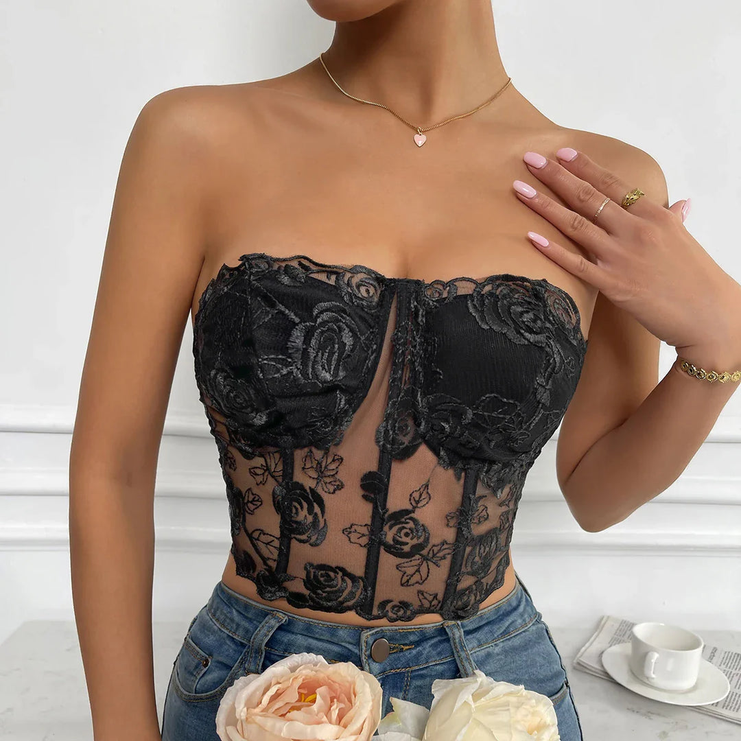 Strapless Mesh Top with Floral Embroidery - Noya Lee