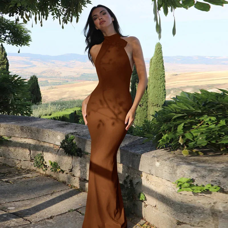 Knitted Collar Maxi Dress with Flower Decoration and Open Back - Amalia