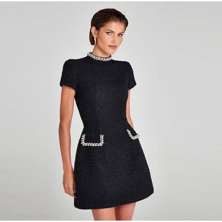 Elegant Mini Dress with Short/Long Sleeves, Tailored Style, Woven Fabric with Sequin and Pearl Embellishment - Lucia