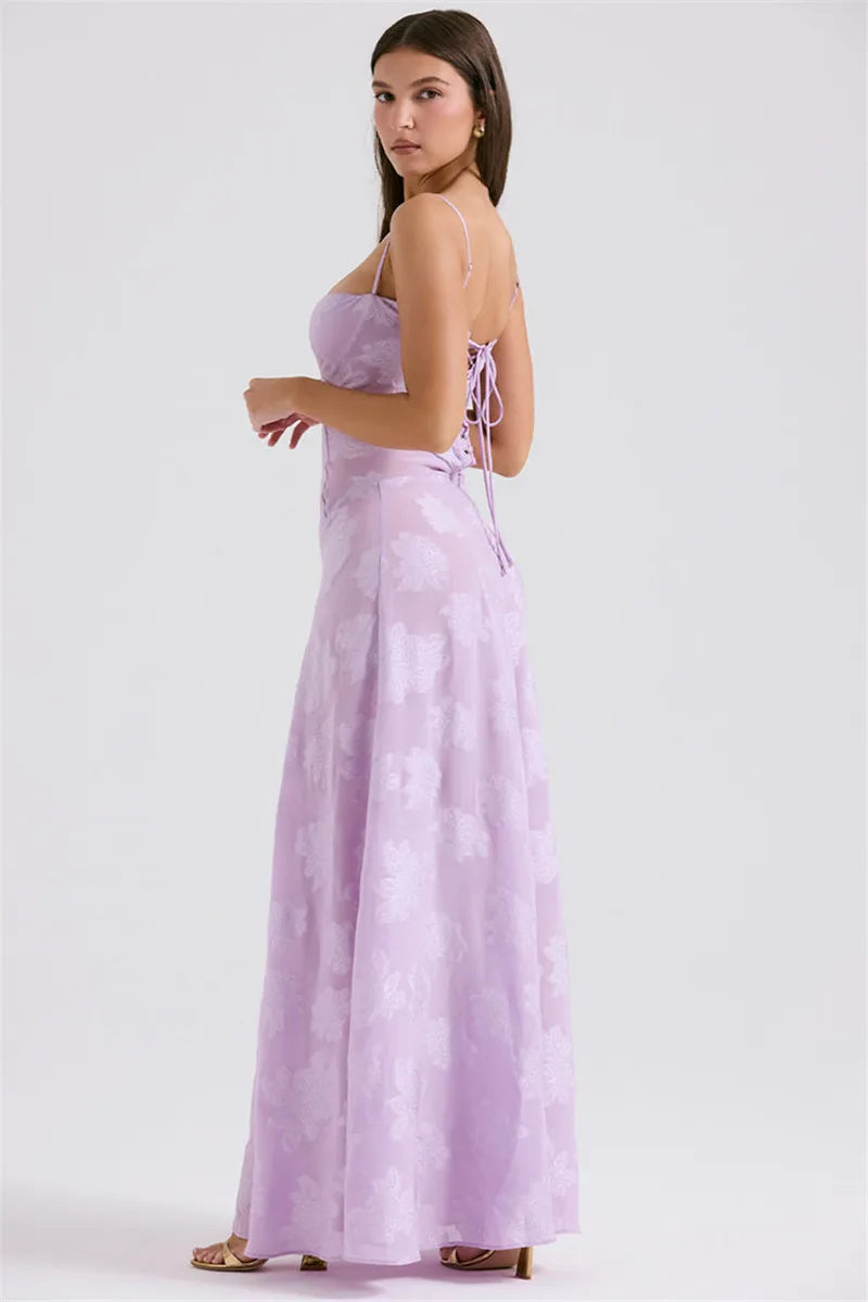 Maxi Dress with Floral Embroidery, Back Tie for Waist Fit - Millie