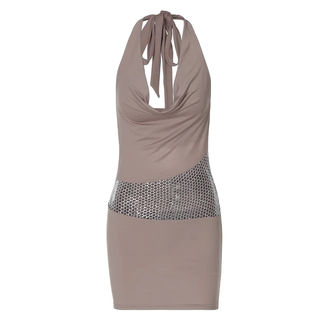 Mini Dress with Dropped Collar, Mesh, Sparkling Sequins, Ruching on Hips, and Neck Tie - Linda