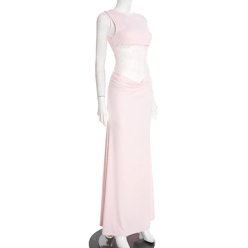Maxi Dress with Lace and Pleats, Open Back - Lilin
