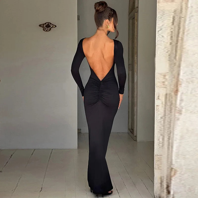 Elegant Maxi Dress with Open Back and Long Sleeves - Amalia