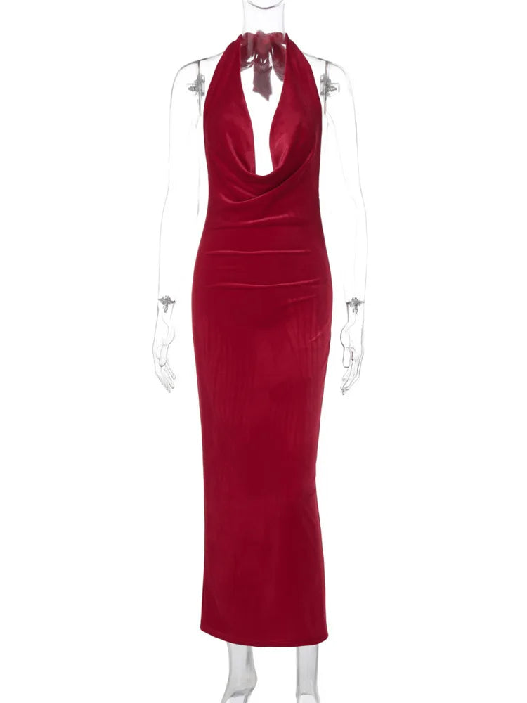 Maxi Velvet Dress with Dropped Collar and Open Back - Marla