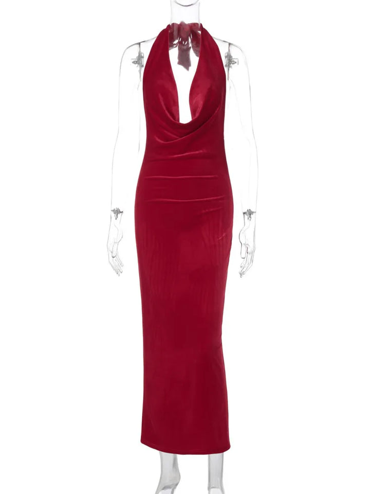 Maxi Velvet Dress with Dropped Collar and Open Back - Marla