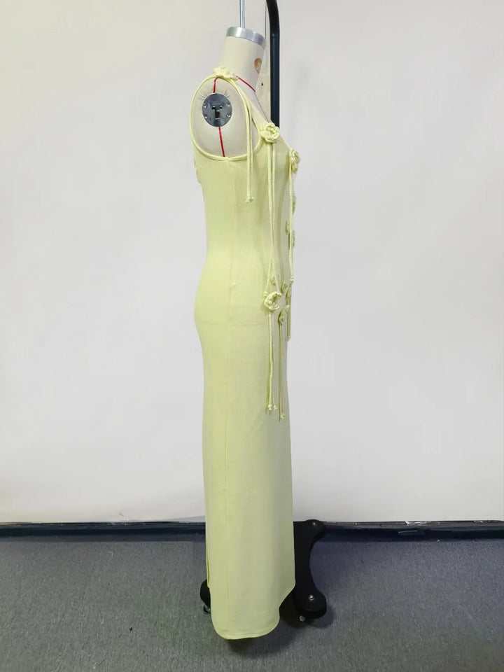 Knitted Beach Maxi Dress with Flower Appliqué Detail - Holly