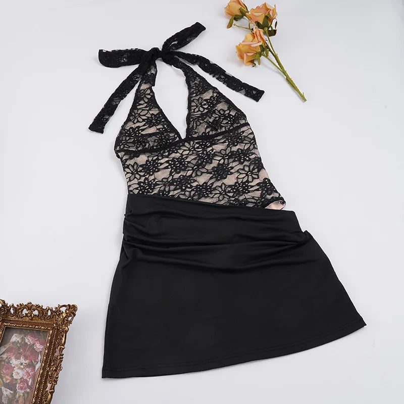 Mini pleated dress with lace bodysuit design - LISS