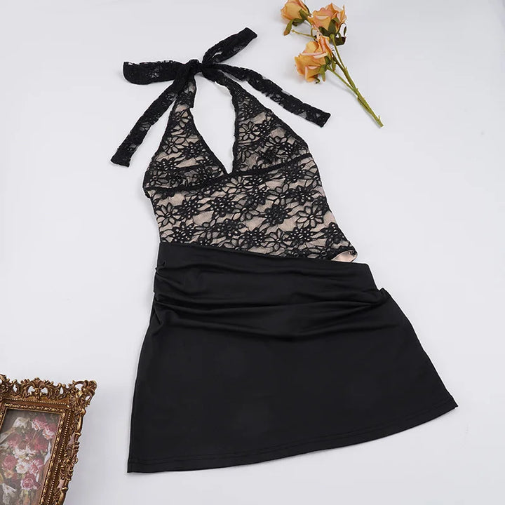 Mini pleated dress with lace bodysuit design - LISS