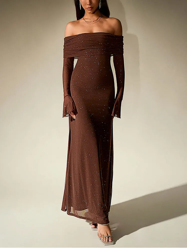 Sequin maxi dress with off-shoulder design and bell sleeves - Margarita